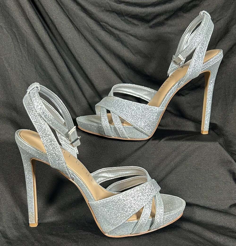 Gianni Bini Silver Glitter Stiletto Platform Ankle Strap Heels
